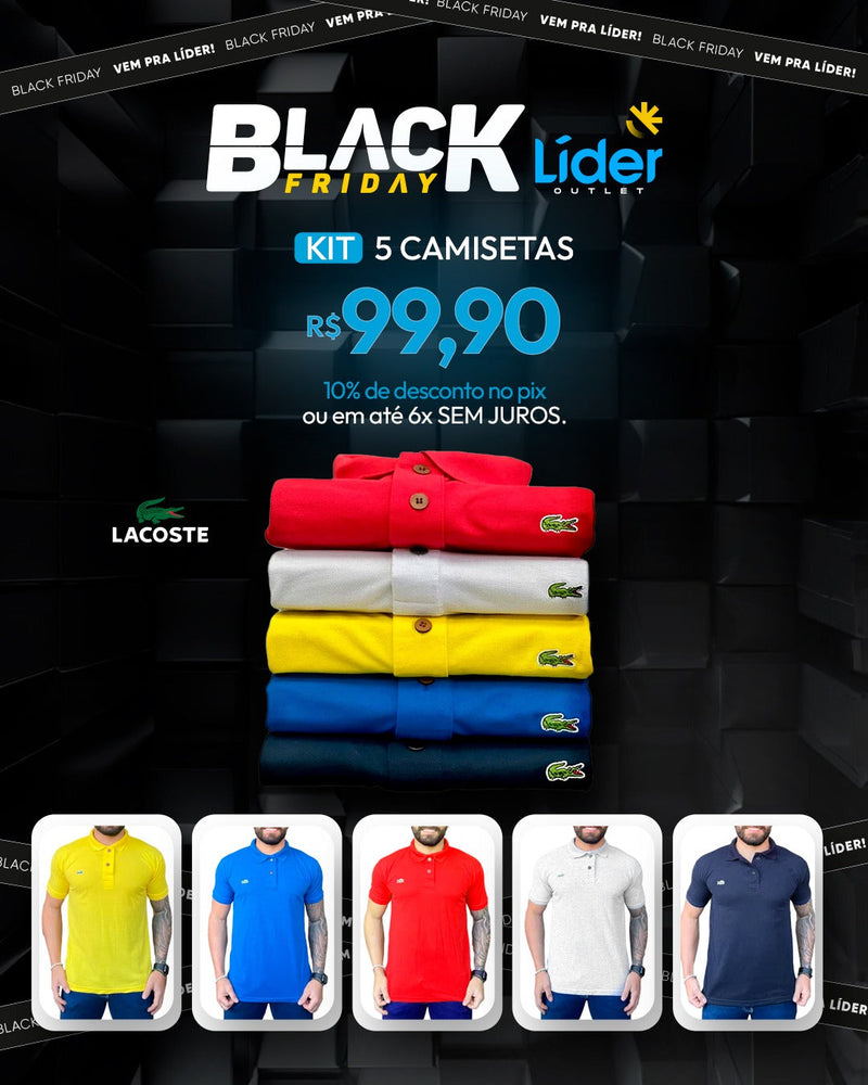 Promocional Kit com 05 Camisa Gola Polo Lacoste Regular Fit 100% Algodão