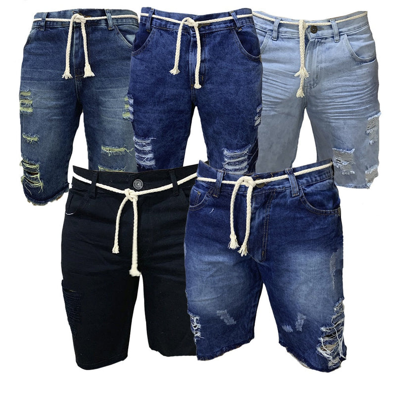 Kit 5 Bermudas Jeans Masculina Rasgada Com Cordão