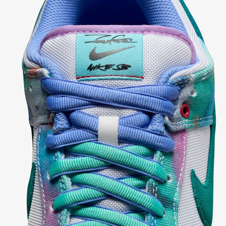 Futura Laboratories x Nike SB Dunk Low White and Geode Teal